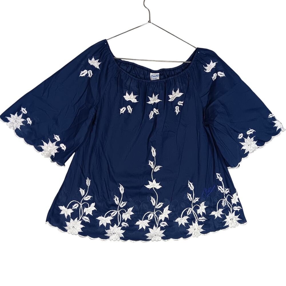 Vintage 70's Chuchi Boho Embroidered Top Size 3X Blue with White Floral Trims